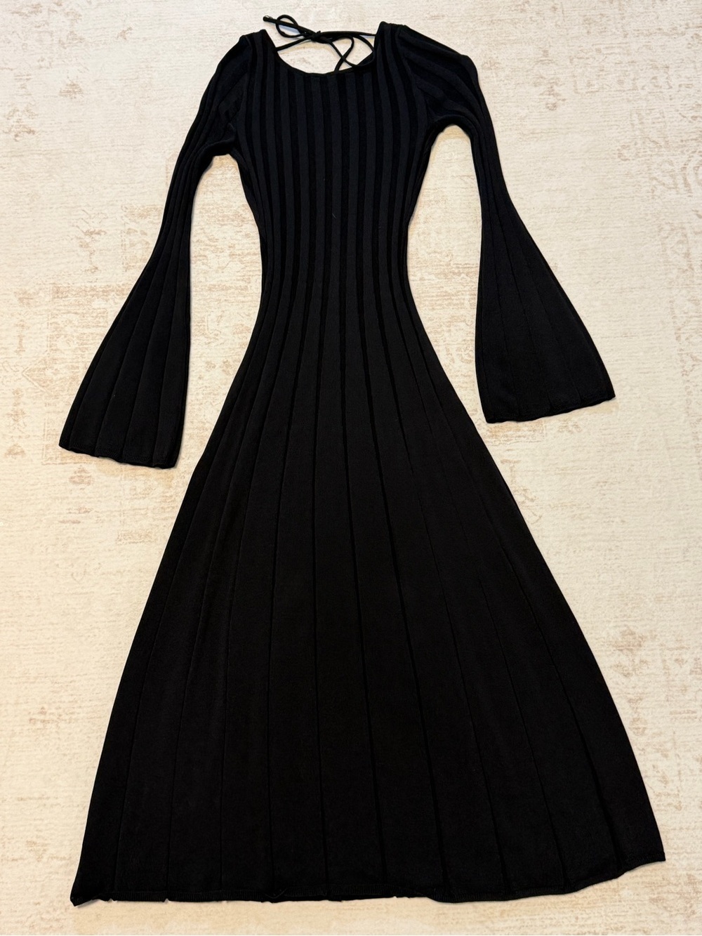 Meshki Black Ribbed Maxi Dress with Flared Sleeves